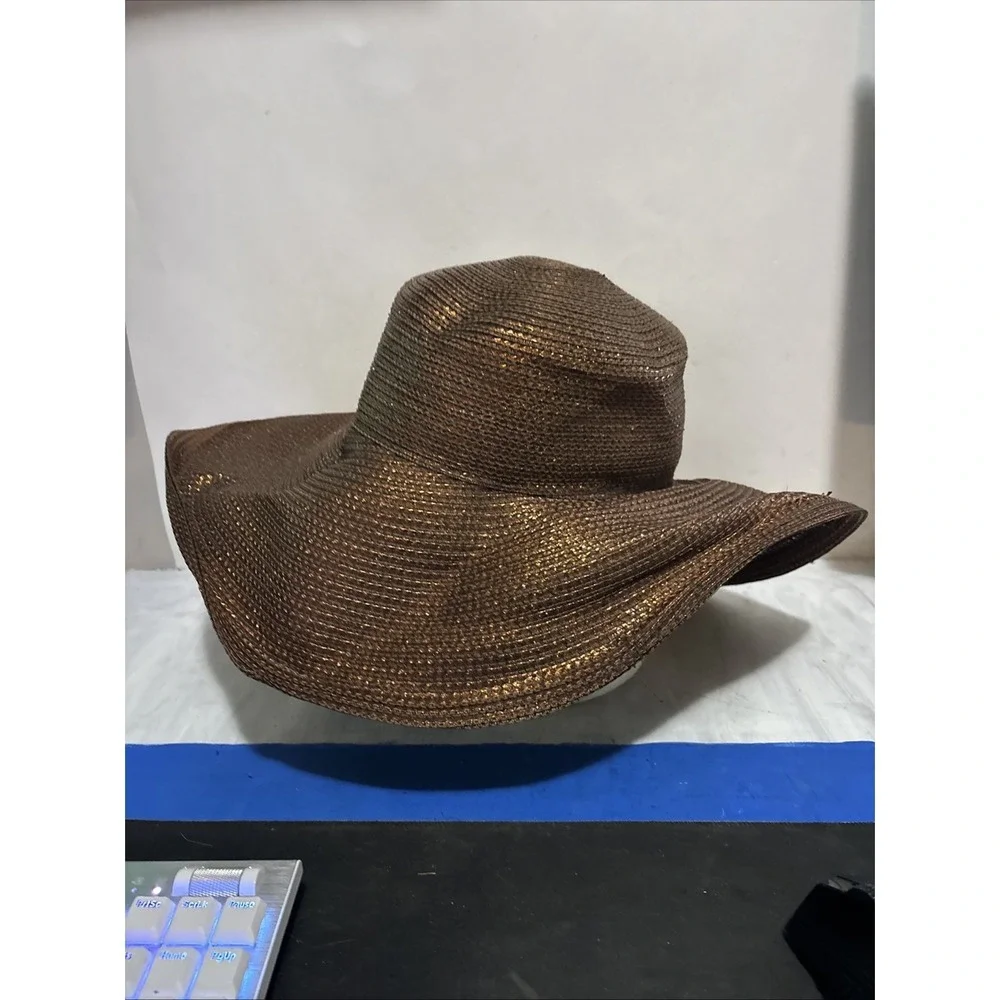 Kokin New York Brown Tan Wide Brim Woven Straw Sun Hat Shiny Hat 56cm, 22